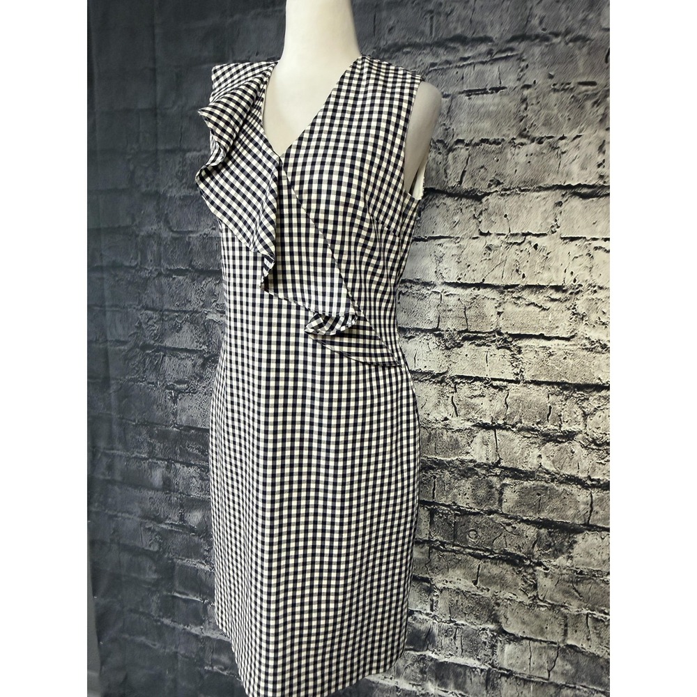J McLaughlin Dress Womens 6 Blue Gingham Ruffle‎ Sheath Sleeveless Knee Length - Picture 2 of 15